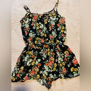 Juniors Floral Black Short Romper with Tie Waist